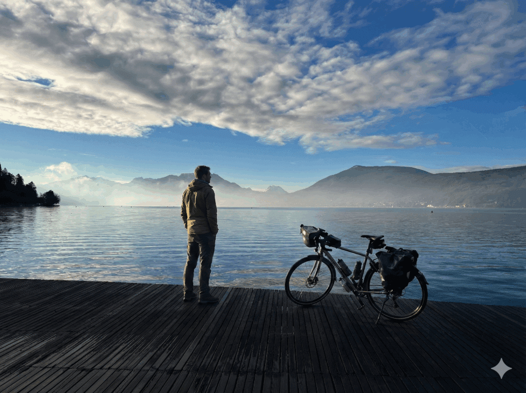 Personne à coté de son vélo qui regarde le lac d'Annecy